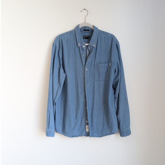 Frank & Oak Clark Blue Denim Relaxed Fit Button Up Long Sleeve Shirt, size L - Picture 1 of 8